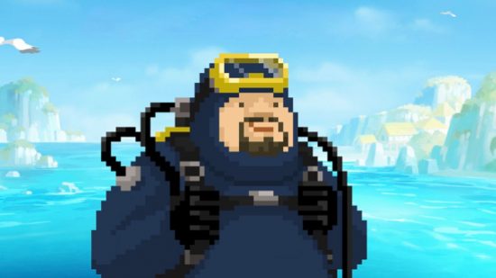 Dave the Diver Switch header showing Dave, the diver, in a scuba diving suit standing in front of a pristine blue ocean. He has a goatee, yellow goggles on his forehead, and pipes from his oxygen tank over his back.