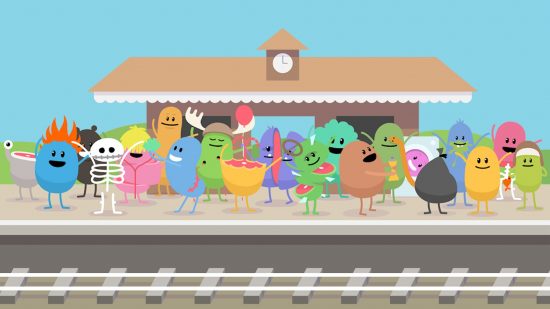 Dumb Ways To Die: lots of characters stood on a train platform