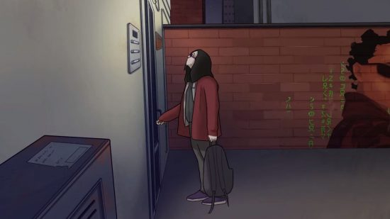Frank and Drake review: a character opening a door in front of a brick wall