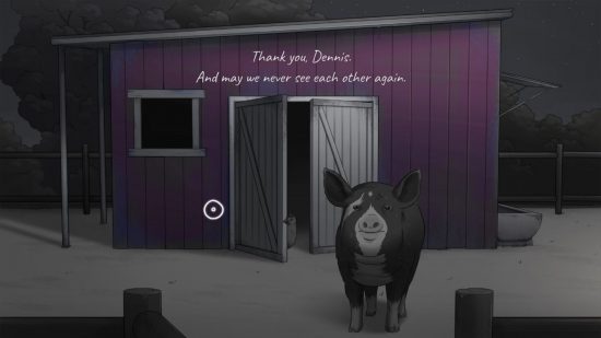 Frank and Drake review: a black pig in front of a pink shed