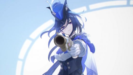 Genshin Impact Clorinde pointing a gun at the camera in a blue setting