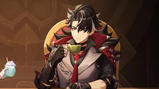 Genshin Impact Wriothesley holding a cup of tea