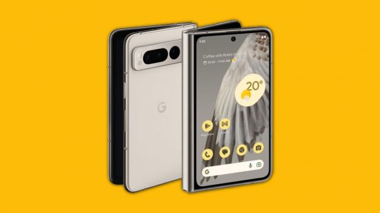 An image of the Google Pixel phones Pixel Fold on a yellow background