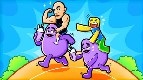 Grimace race codes: two characters riding Grimaces on a race track
