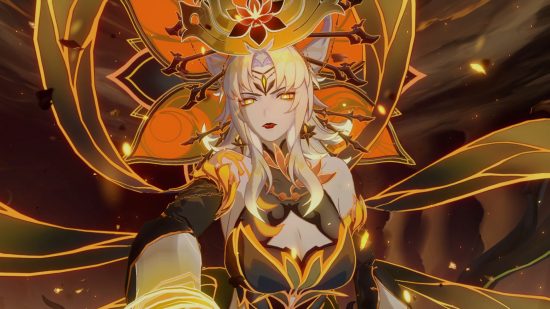 Honkai Star Rail Phantylia's third form using a yellow and gold color palette