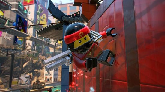 Lego Ninjago characters: a ninja running along a red wall in a city