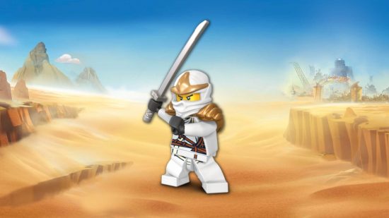 A Lego Ninjago character on a desert background