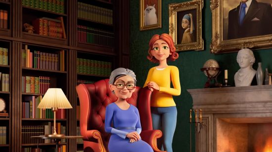 Merge Mansion July update: Maddie and Grandma sitting by a fire in a library