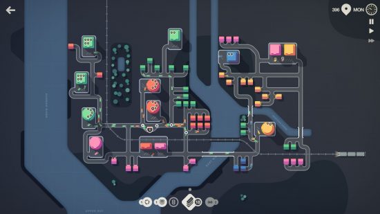 Mini Motorways Mini Metro review: a dark mode map filled with houses and businesses connected by roads