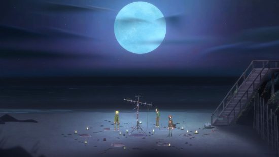 Oxenfree II Lost Signals review: a group of people on a beach at night