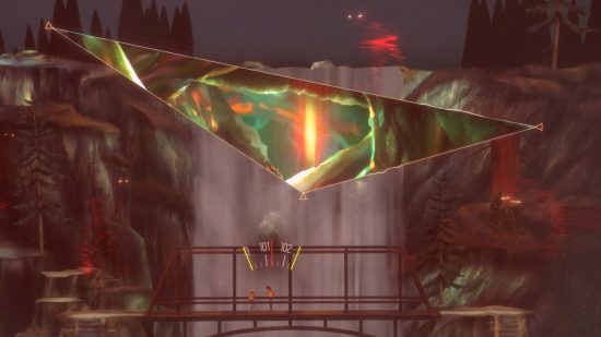 Oxenfree II Lost Signals review: a green, triangular portal in front of a waterfall