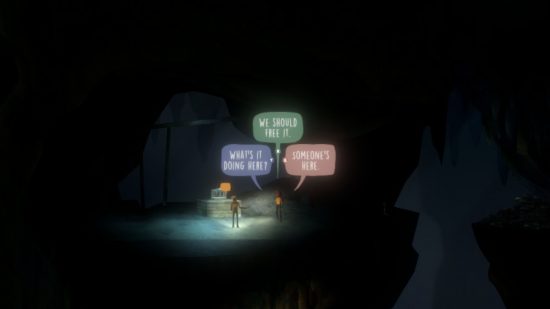 Oxenfree II Lost Signals review: two people in a dark cave with speech bubbles above their heads