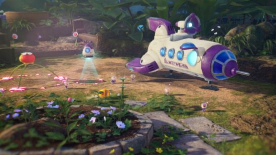 Pikmin 4 review - a space ship and smaller crafts in a garden