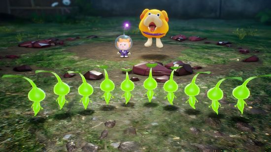 Pikmin 4 review - a line of glowing pikmin in front of a human and a dog