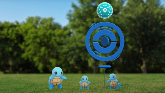 Pokémon Go Showcase: three squirtles standing by a pokéstop in different sizes