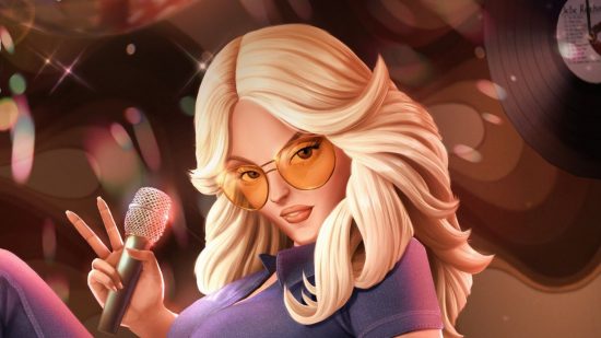 Roblox Bebe Rexha concert art showing Bebe, a woman with blonde hair, orange sunglasses, and a blue jumpsuit holding a microphone and showing a peace sign.
