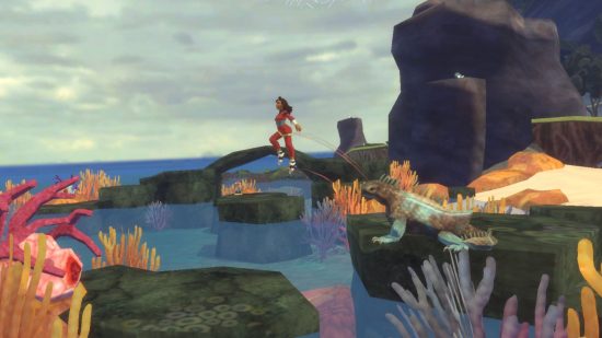 Sephonie release date: a woman jumping across rocks with an iguana in the foreground
