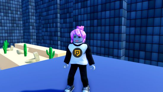 Toilet Tower Defense codes: a character in Roblox with pink hair and a PT shirt