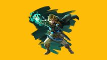 Zelda Tears of the Kingdom items header showing Link with his arm outstretched firing a blue ball of fire or maybe absorbing it. Link is a blonde boy in a blue tunic and beige pants. This is all superimposed onto a mango yellow background.