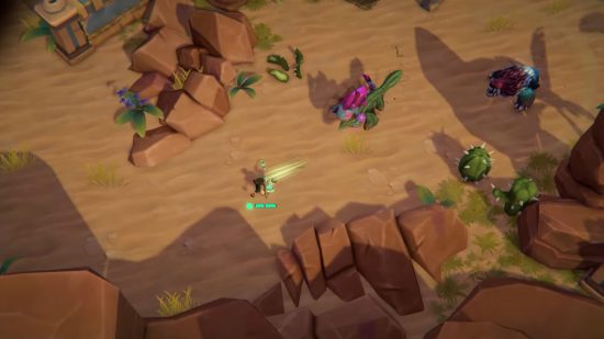 Screenshot of a desert battle with two frightening monsters for Adore review
