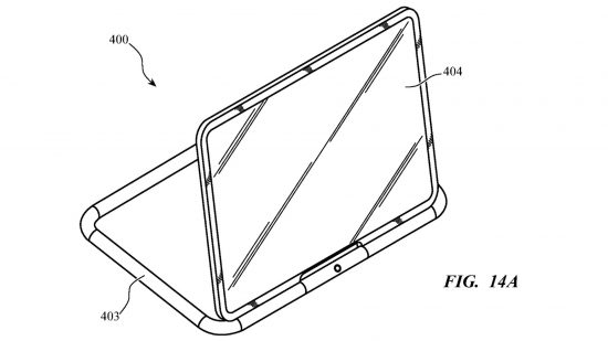 Apple loop case patent design drawings showing an iPad with a tube casing around the edge, stood up on a stand.