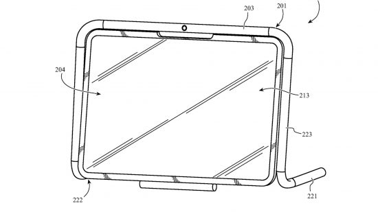 Apple loop case patent design drawings showing an iPad with a tube casing around the edge, stood up on a stand.