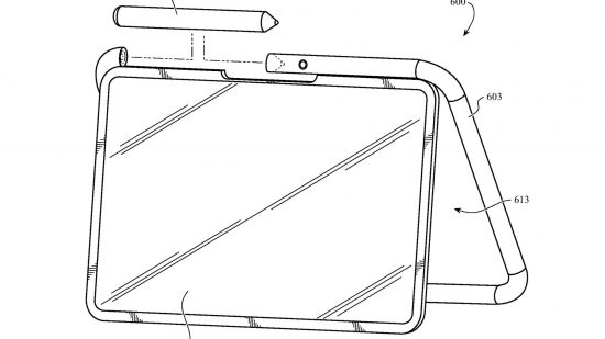 Apple loop case patent design drawings showing an iPad with a tube casing around the edge, stood up on a stand with a pen slotting into the modular tube housing around the edge.
