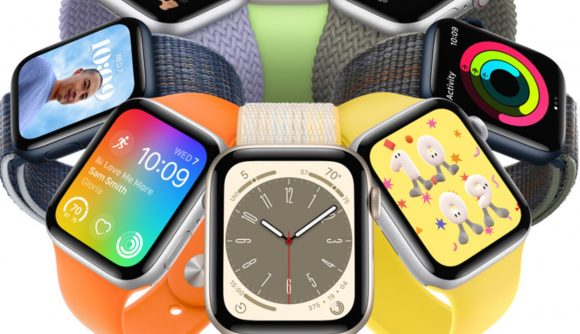Multiple Apple Watch SEs in a circle in different colours showing different wallpapers and widgets on their faces.