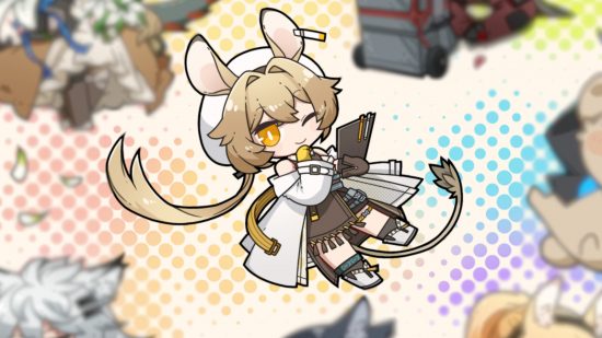 Arknights 3.5 anniversary: A chibi Arknights character with mouse ears and amber eyes on a rainbow polka-dot background, with other blurred characters around the outskirts of the image