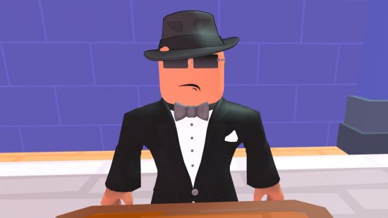 Arm Wrestle Simulator codes header showing a man in a suit, bowtie, and fedora wearing black square sunglasses standing in front of a blue brick wall.