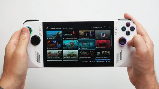ASUS ROG Ally review: A ROG Ally is visible with a menu featuring multiple different games