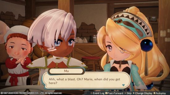 Atelier Marie Remake: Marie and Mu's overworld chibi avatars talking to each other in the inn