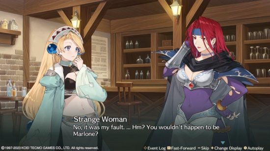 Atelier Marie Remake: Marie chatting to a 'strange woman' in the visual novel-style overlay