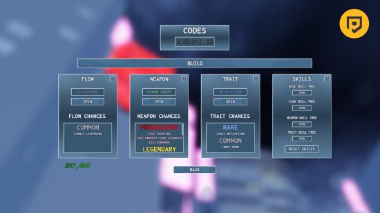 Azure Lock codes: The build menu in Azure Lock featuring the codes box.