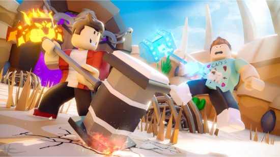 Banning Simulator X codes: key art for the Roblox game Banning Simulator X codes shows two Roblox avatars fighting with a hammer