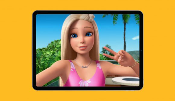 Barbie games: Barbie from Barbie's Dreamhouse doing a peace sign at the camera, vlogging, on a tablet that is pasted on a mango background