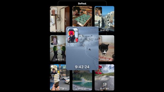 Be Real time: A promotional screenshot showing a grid of nine Be Real posts with a range of activities and environments on a black background