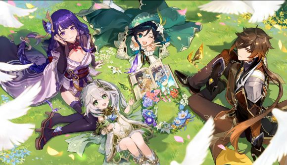 Best anime games: Genshin Impact promotional art showing Raiden, Nahida, Venti, and Zhongli sitting together in a field