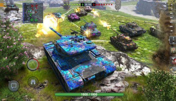 A screenshot of one of the best mobile war games, World of Tanks Blitz, showing a galaxy-colored tank rolling into battle alongside other tanks