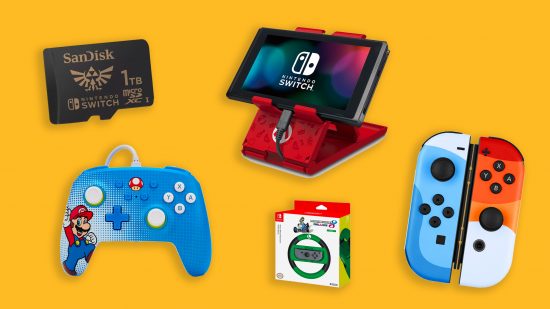 A collection of the best Nintendo Switch accessories on a yellow background