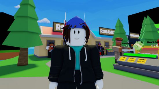 Billionaire Simulator 2 codes - a Roblox character smiling in front of his businesses