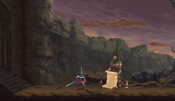Screenshot for Blasphemous giveaway with the main character looking at a scroll