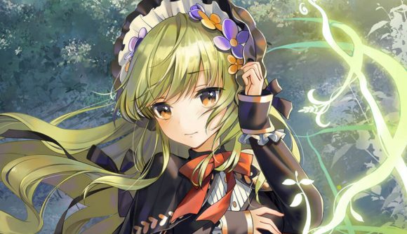 Bloodline tier list: Revyan from Bloodline, an anime girl with green hair and a black and white bonnet with flowers pinned inside it.