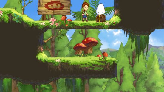Boy Games: A screenshot from A Boy and his Blob shows a small boy controlling a white blob to advance through a level