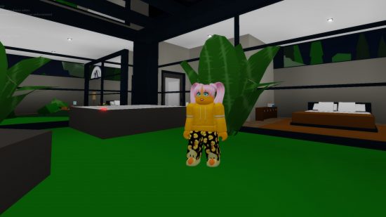 Brookhaven codes - a pink-haired girl with a mango-coloured outfit standing in her house