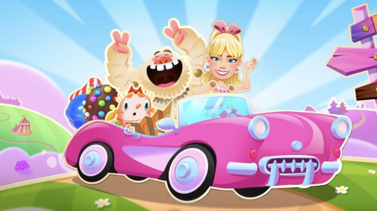 Screenshot of promo image for the Candy Crush Barbie crossover with Barbie riding front seat along Candy Crush friends