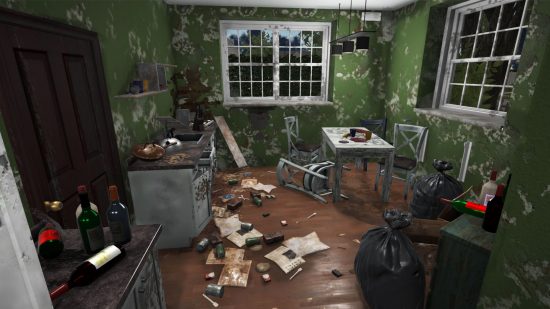 cleaning games House Flipper: a disgusting kitchen with trash everywhere