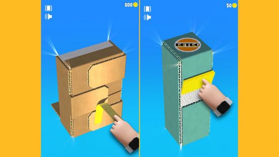 Two screenshots from cleaning games Open the Box showing how to open boxes