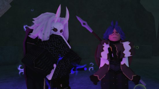 Deepwoken weapons: Two shadowy characters from Deepwoken, one with white horns and one with blue hair and a spear.