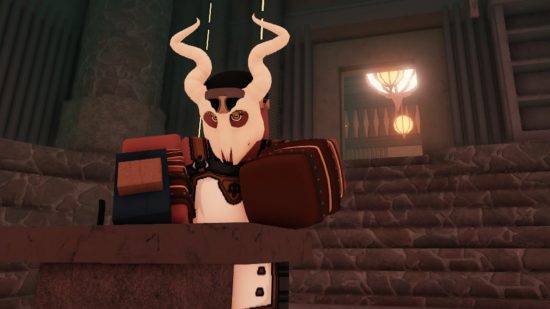 Deepwoken weapons: A Roblox character in an animal skull mask sat at a table